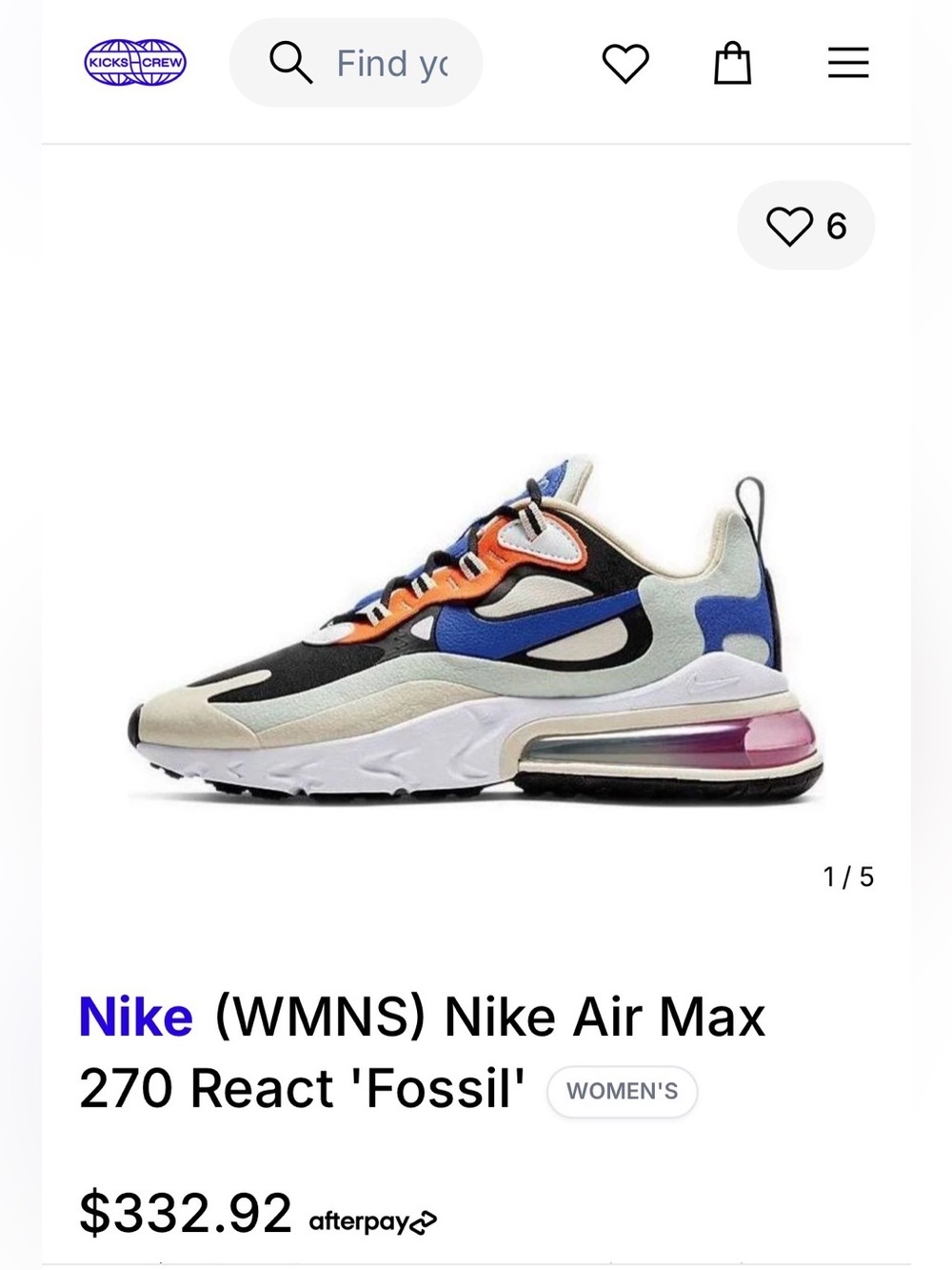 Nike Air Max Womens 270 React Running Athletic Sneakers Fossil Hyper Blue Size 9